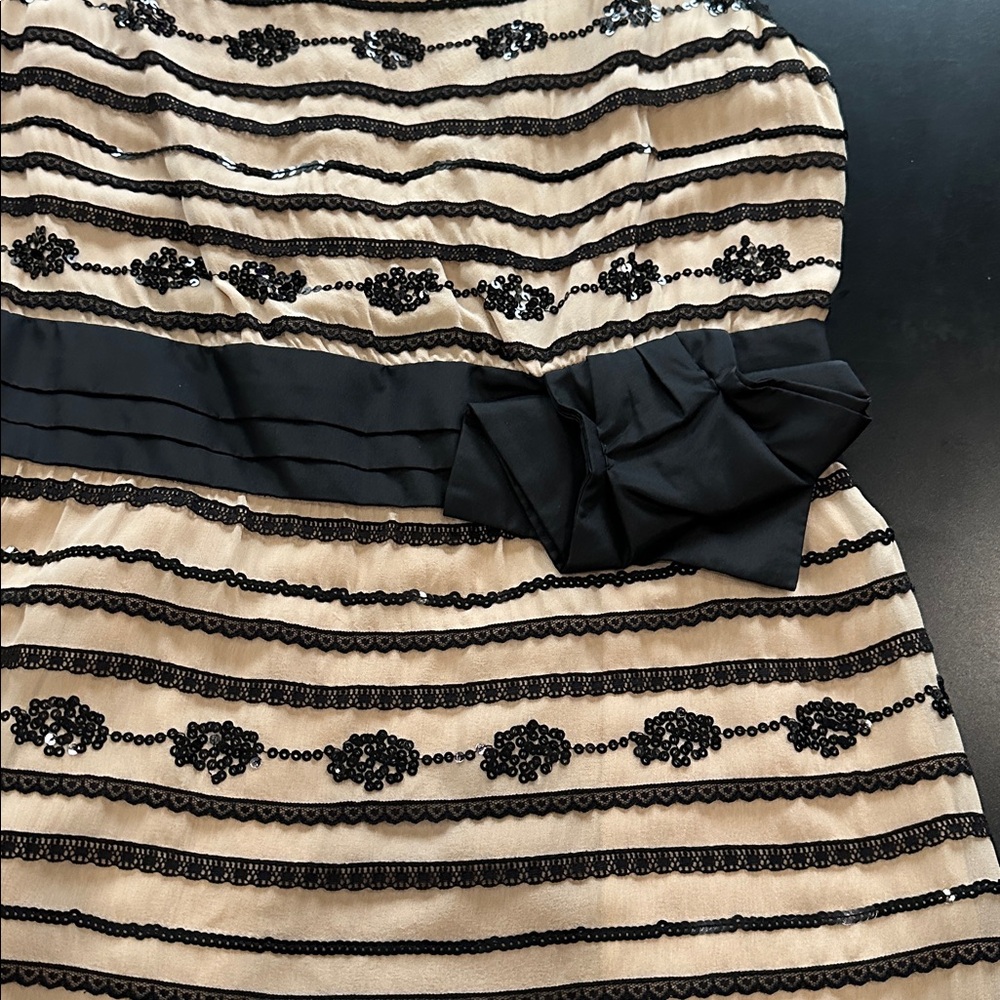 Trina Turk Black and Cream Striped Lace-Trim Mini Dress sequins 10 - Picture 4 of 6
